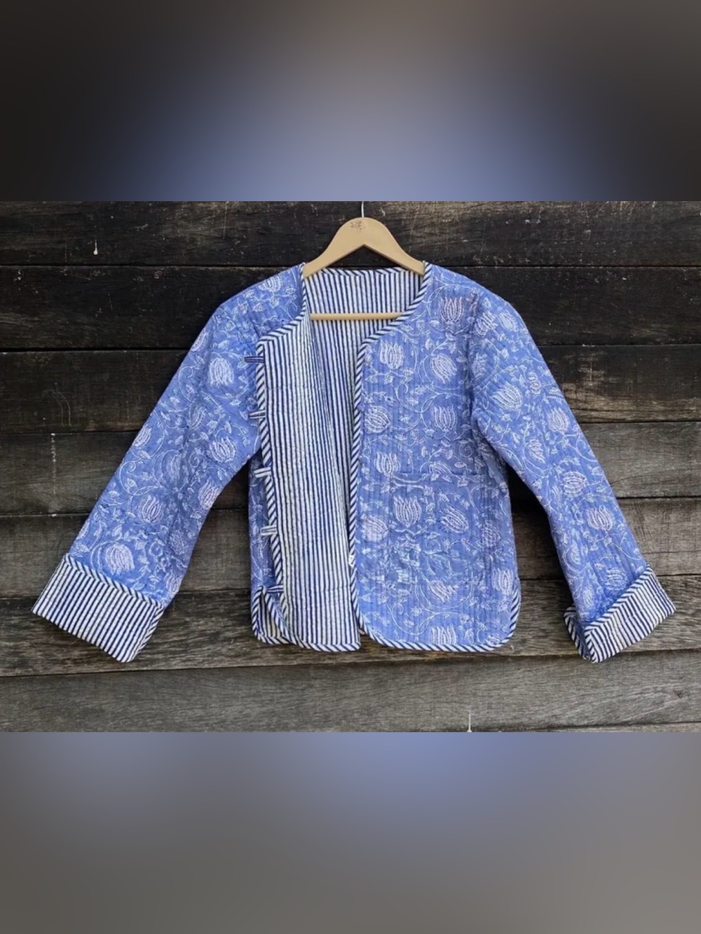 ❤️ Blue-Gray Floral Cotton Kantha Jacket Reversible to Navy Stripes Size XL